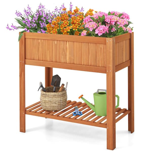 Costway 47 in. x 22.5 in. x 35.5 in. Natural Fir Wood Rectangular Raised Bed Elevated Planter Box Shelf