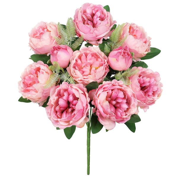 LIVING LUXURY 20 in. Fuchsia Pink Artificial Lush Peony Flower Stem Bush Bouquet (Set of 2)