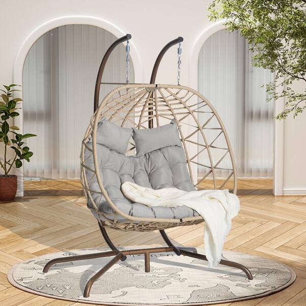 2-Person Beige Wicker Outdoor Porch Swing Chair with Stand