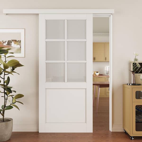 36 in. x 80 in. Hidden Track Style 6-Lite Frosted Glass Primed MDF Sliding Barn Door with Hardware Kit