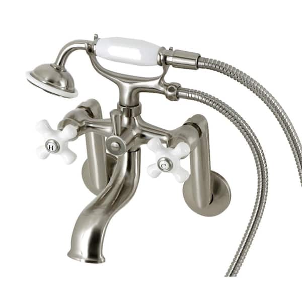 Kingston 3-Handle Wall-Mount Clawfoot Tub Faucet with Hand Shower in Brushed Nickel