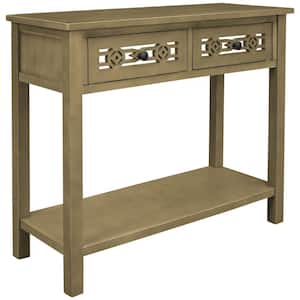 35.4 in. Gold Rectangle Wood Console Table with 2 Top Drawers & Open Shelfs