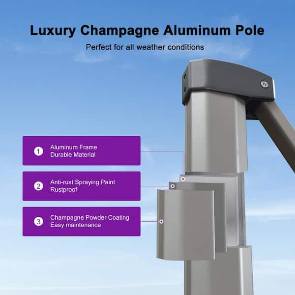 10 ft. Square Cantilever Patio Umbrella Light Champagne Aluminum Swivel Offset 360° Rotation Umbrella in Taupe