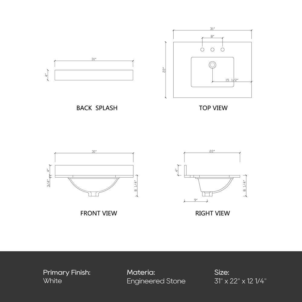 Carrara 31" White Engineered Marble Vanity Top with Undermount Sink