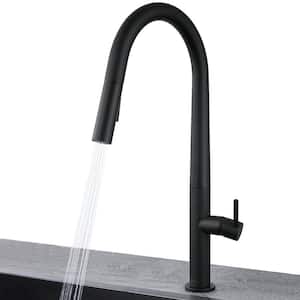 Easy-Install Single-Handle Deck Mount Gooseneck Pull-Down Sprayer Kitchen Faucet with Flexible Hose in Matte Black