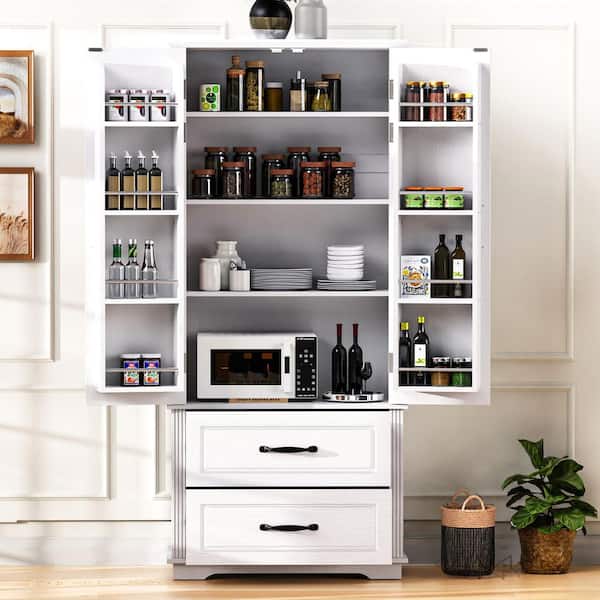 Farmhouse Embossed Texture Wood White 30.3 in. Kitchen Island cart Pantry Cupboard with 2-Drawer and Adjustable 3-Shelf
