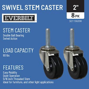 2 in. Black Hard Rubber and Steel Swivel Threaded Stem Caster with 80 lbs. Load Rating (8-Pack)