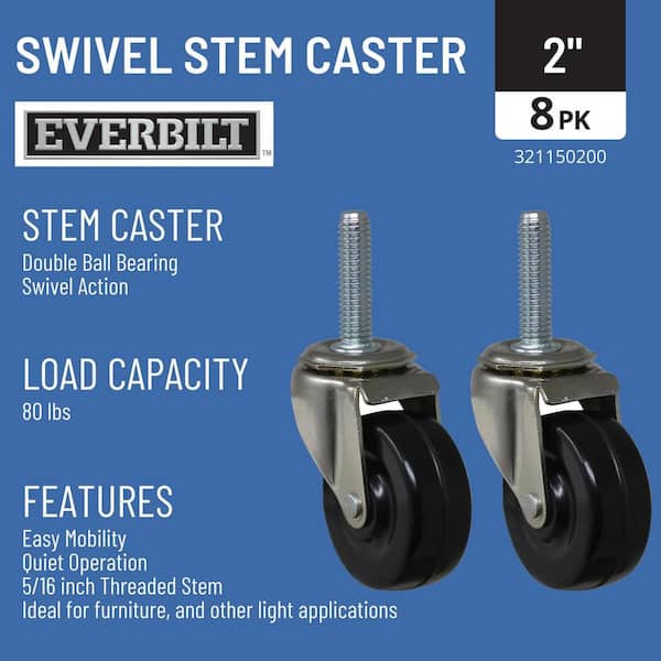 2 in. Black Soft Rubber and Steel Swivel Threaded Stem Casters with 80 lbs. Load Rating 8 Pack