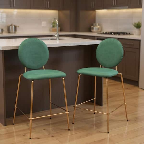 39.00 in. H Green, Gold Counter Height Metal Bar Stool with Upholstered Seat (Set of 2)