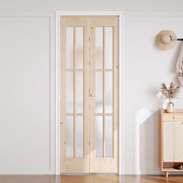 30 in. x 80 in. 6 Lite Pre Assembled Frosted Glass Brown Unfinished Solid Core Wood Bi-fold Door with Hardware