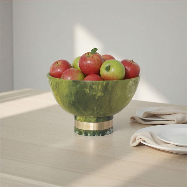 11.8 in. 176 fl. oz. Olive Green Marbled Resin Footed Serving Bowl with Gold Finish Metal Wrap