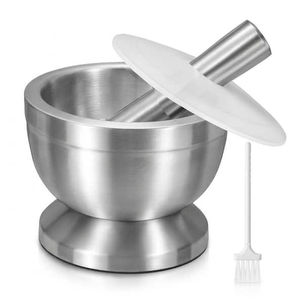 Stainless Steel Silver Mortar and Pestle with Lid Spice Grinder Pill Crusher Ergonomic Anti-Slip Base