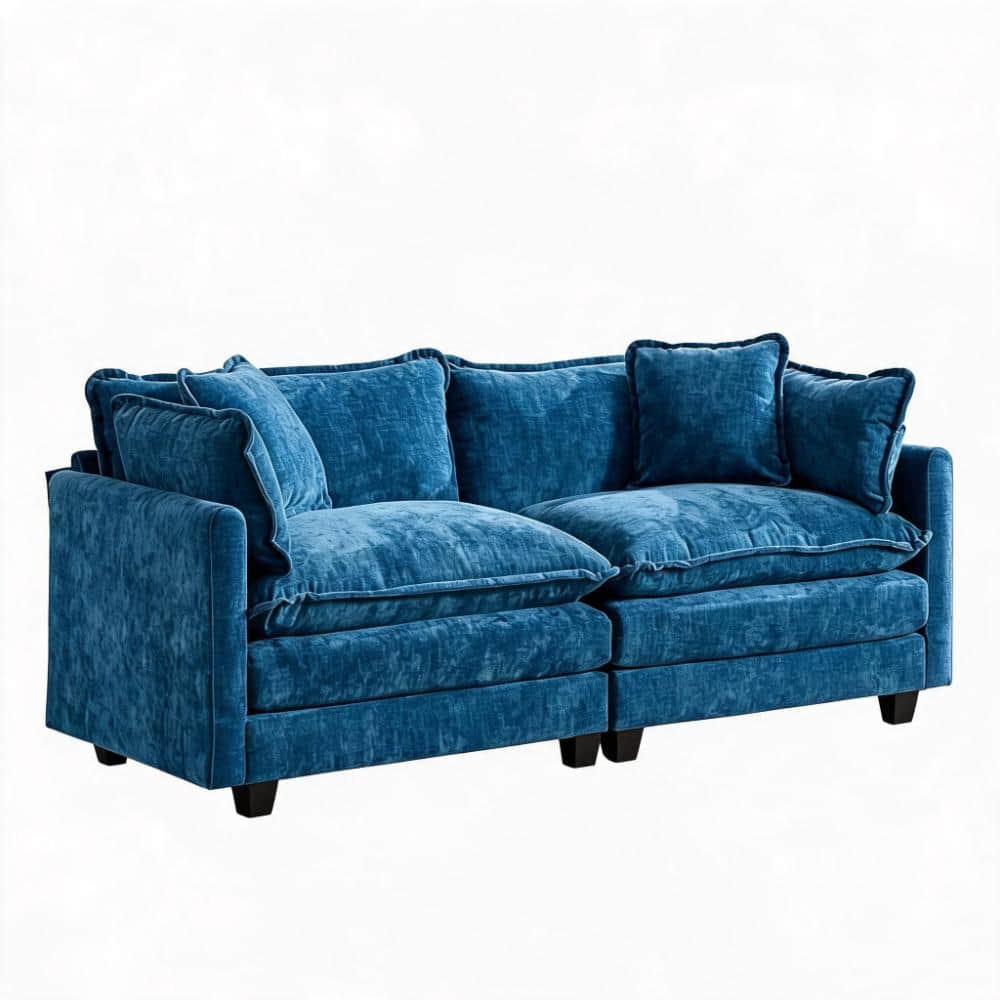 Cloud Sofa 76.7 in. Armless 2-piece Breathable Chenille Modular Loveseat Sectional Sofa in Blue