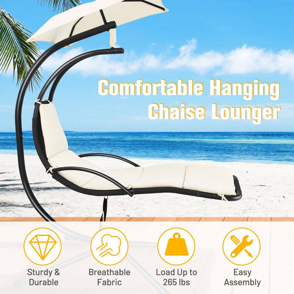 Beige Steel Hanging Chaise Lounge Chair with Cushions and Canopy