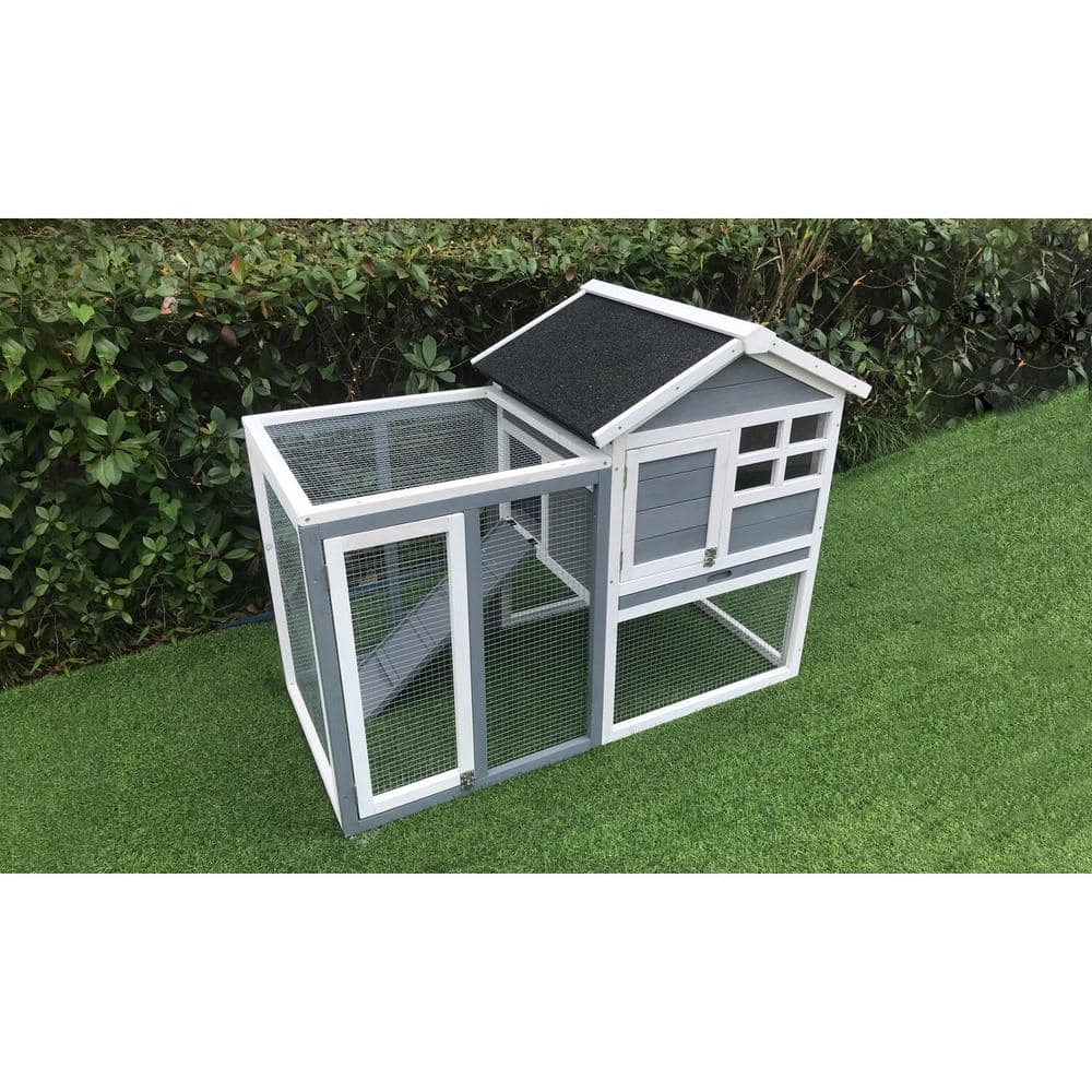 Gray and White Wooden Rabbit Hutch with Wire Mesh Run