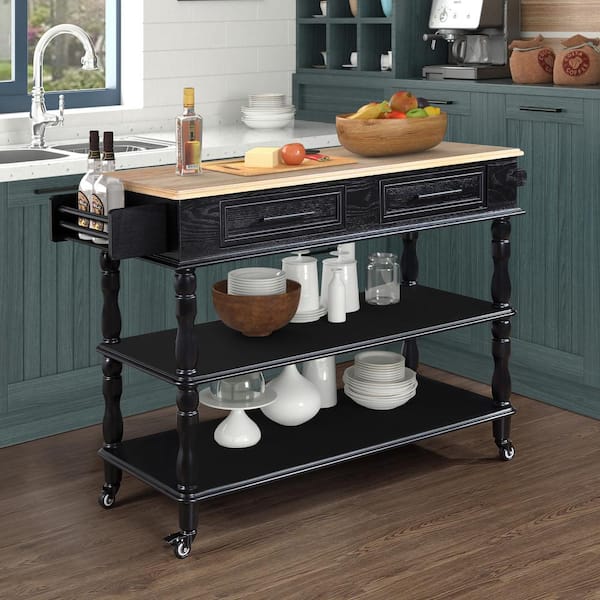 Unbranded Black and Natural Wood Kitchen Cart with Solid OAK Wood Top