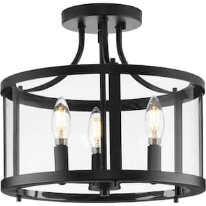 Gilliam 13 in. 3-Light Matte Black Semi-Flush Mount with Clear Glass Shade