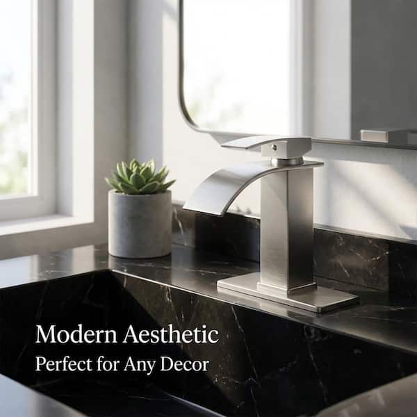 Waterfall Single Handle Single Hole Arc Bathroom Faucet Drip-Free Vanity Sink Faucet with Drain Kit in Brushed Nickel