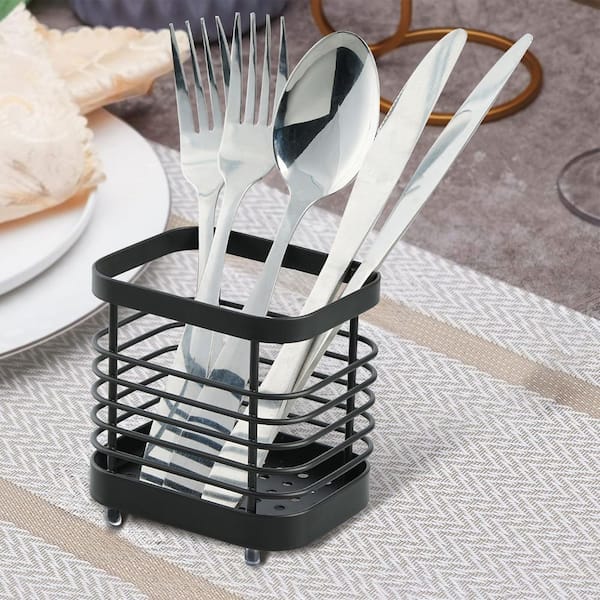 Black Stainless Steel Kitchen Utensil Rack with Drainage Holes, Countertop Cutlery Holder Organizer, 1 Piece