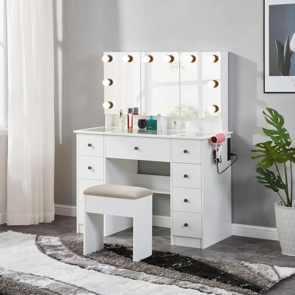 SNOY 11-Drawers Snow White Makeup Vanity Set with Tri-Fold Mirror, Cushioned Stool, LED Strip Lights, Charging Station