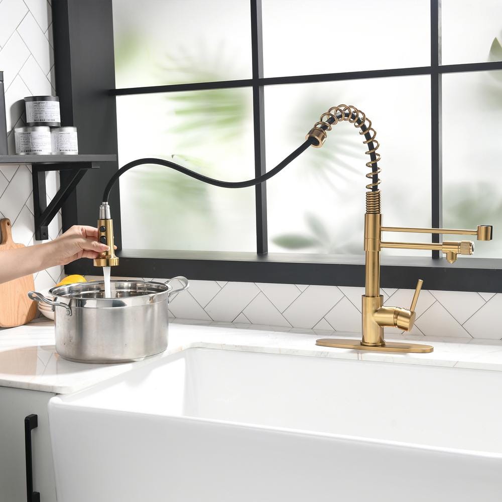 Brushed Gold Commercial Pull-Down Kitchen Faucet with Spray
