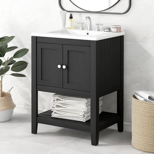 24 in. Single Sink Freestanding Black Bath Vanity with White Ceramic Top, Solid Wood Frame, and Open Shelf, Assembled