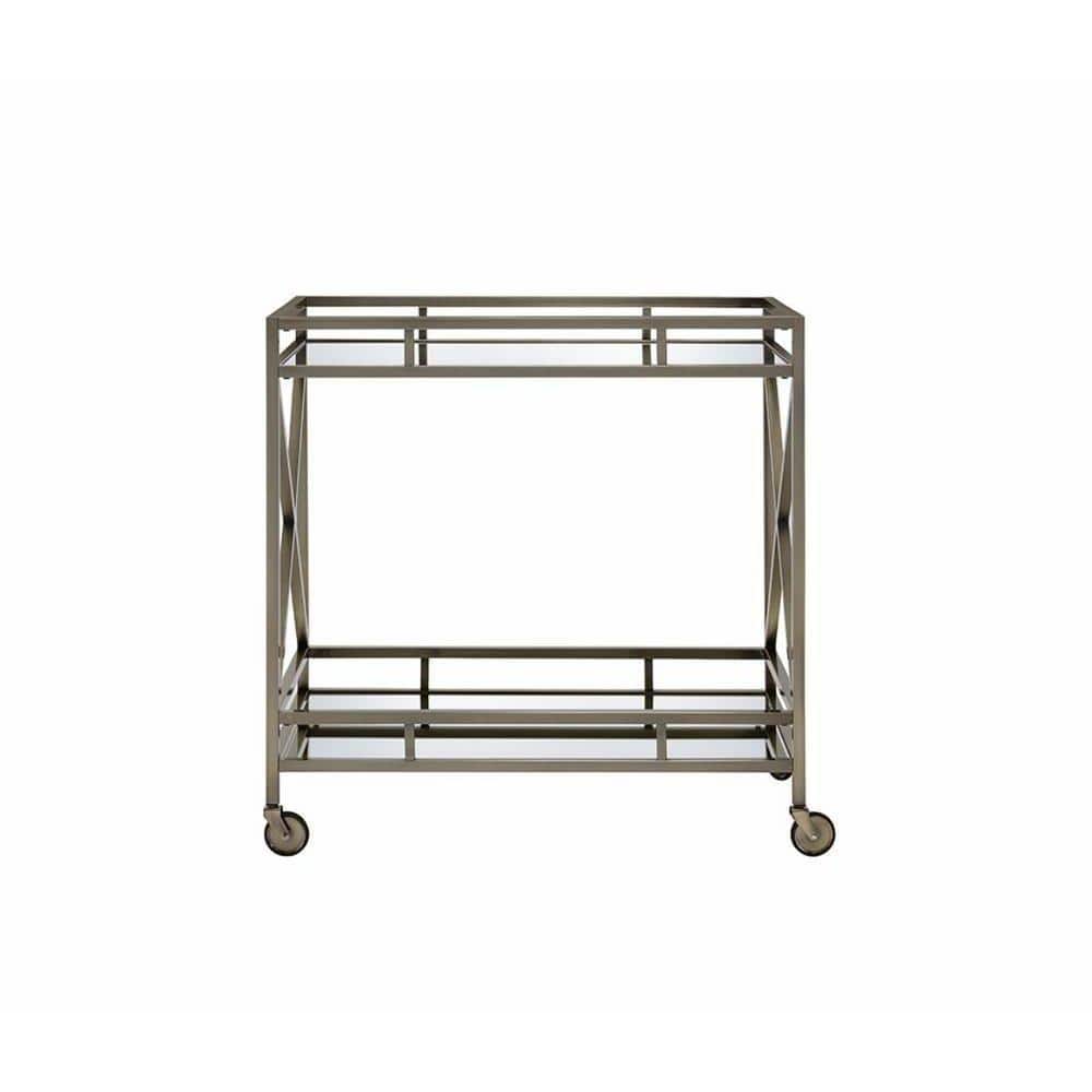 Elegant Silver Metal and Glass Rectangular Serving Cart with Wine Storage