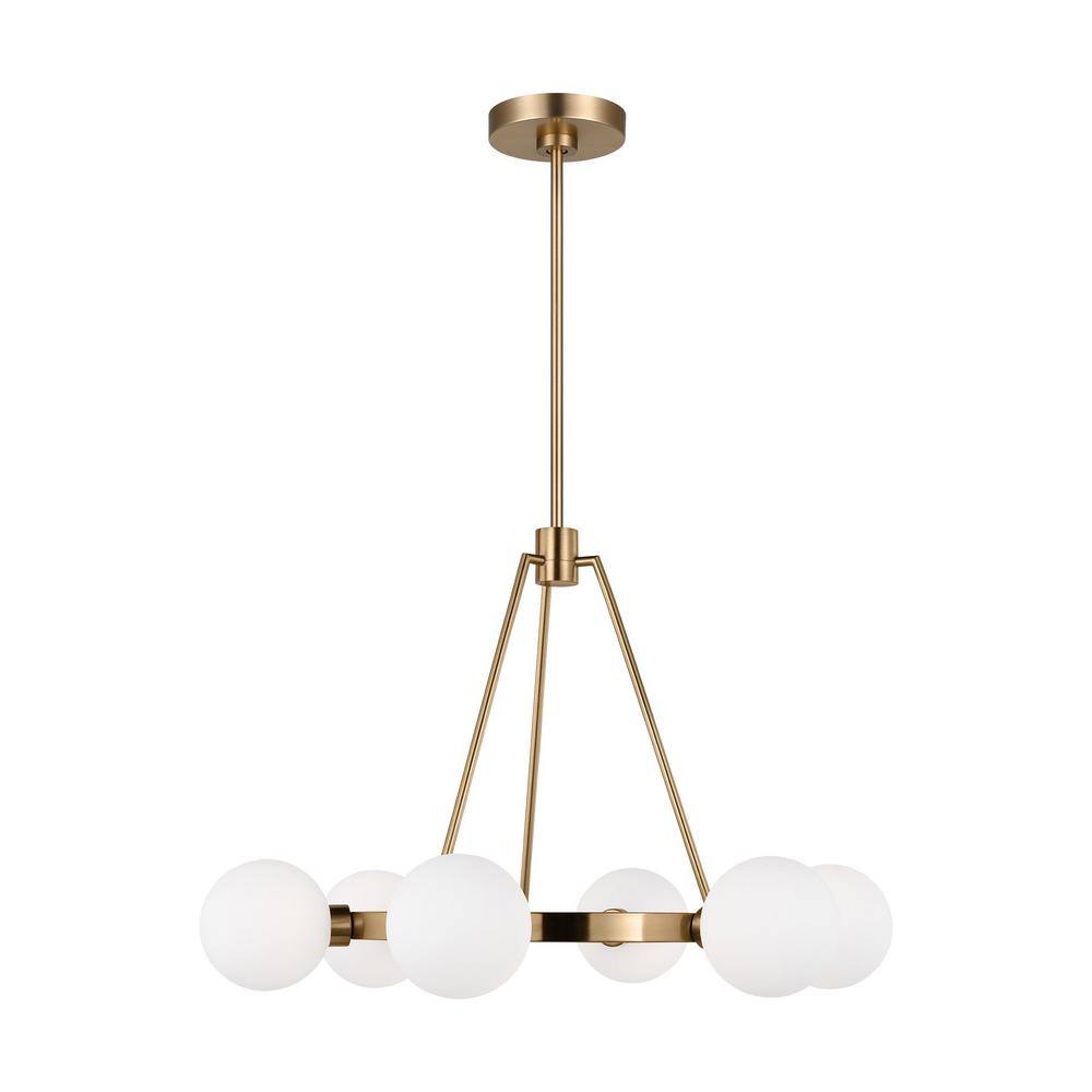 Satin Brass and Frosted Glass 6-Light Wagon Wheel Chandelier