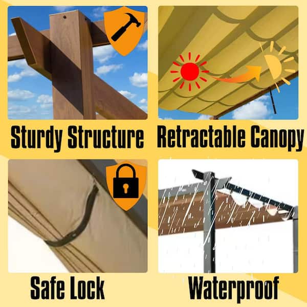 10 ft. x 13 ft. Yellow Brown Aluminum Outdoor Patio Retractable Pergola Gazebo