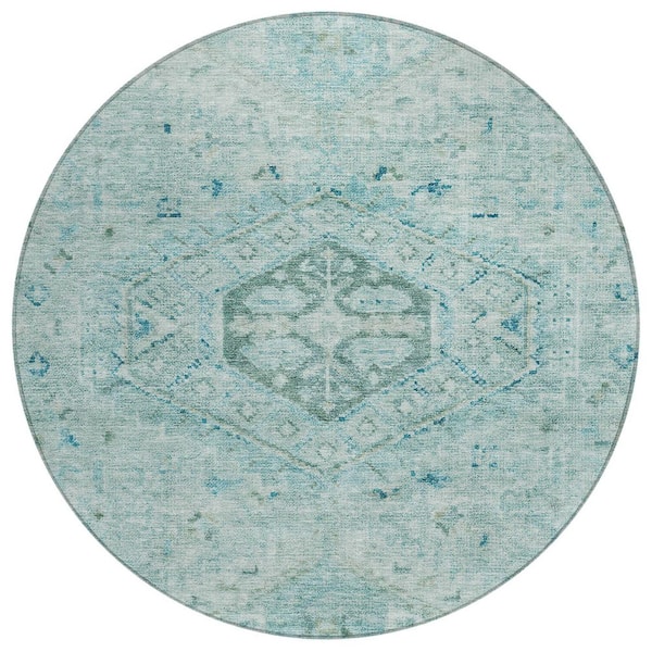 Chantille Machine Washable Indoor/Outdoor Abstract ACN2357 Aqua 8 ft. x 8 ft. Round Rug