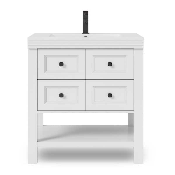 30 in. W x 17.7 in. D Single Sink Freestanding White Bath Vanity with White Integrated Resin Top and Drain Faucet Set