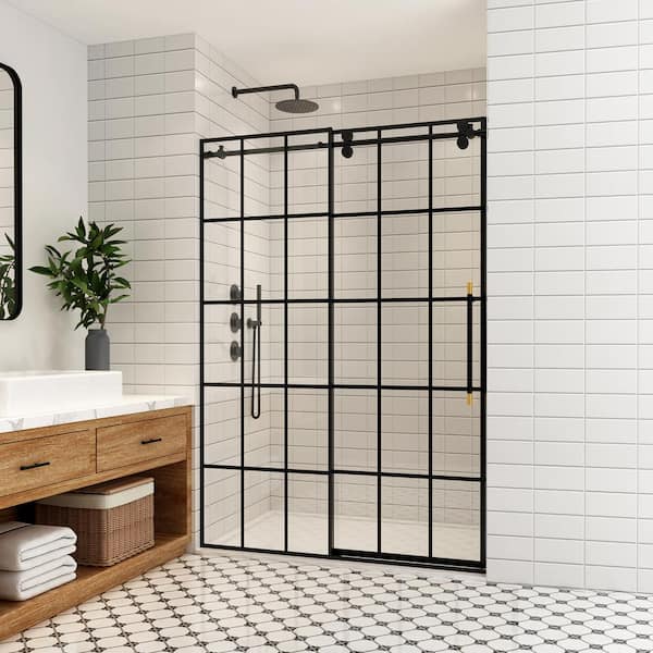 Puente 48 in. W x 78 in. H Single Sliding Frameless Shower Door in Matte Black with Clear Glass