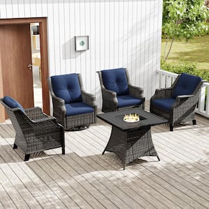 5-Piece Wicker Outdoor Fire Pit Patio Chair Set with Blue Cushions and Rectangular Fire Pit Table