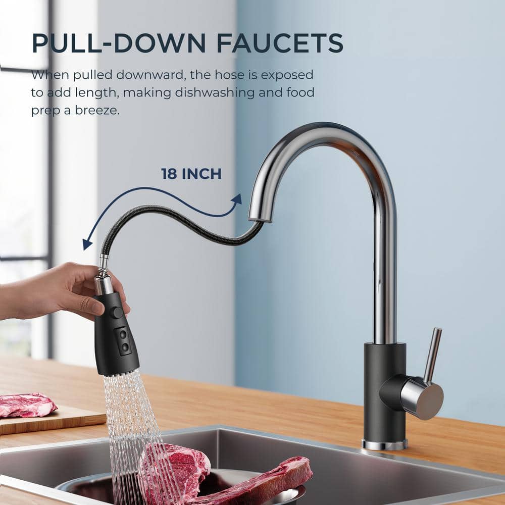 Black Chrome Single Handle Pull Down Kitchen Faucet with Soap Dispenser