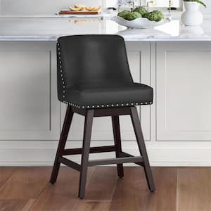 Hampton 26 in. Solid Wood Black Swivel Bar Stools with Back Faux Leather Upholstered Counter Bar stool Set of 1