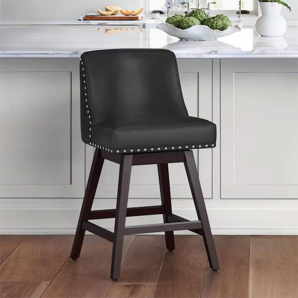 OrangeOne Hampton 26 in. Solid Wood Black Swivel Bar Stools with Back Faux Leather Upholstered Counter Bar stool Set of 1