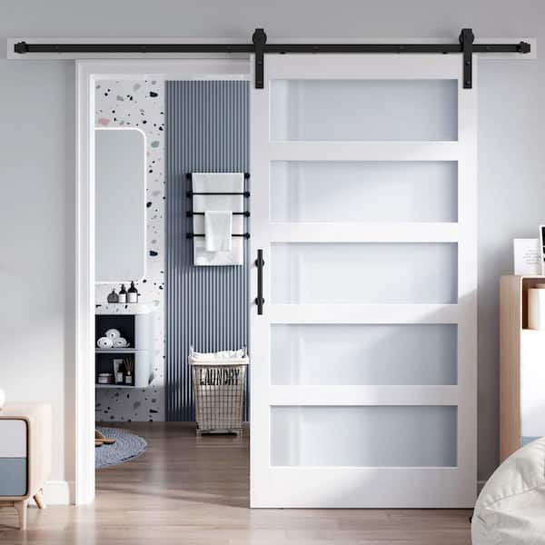 42 in. x 84 in. 5-Lite Tempered Frosted Glass White Finished Solid Core MDF Wood Sliding Barn Door with Hardware Kit