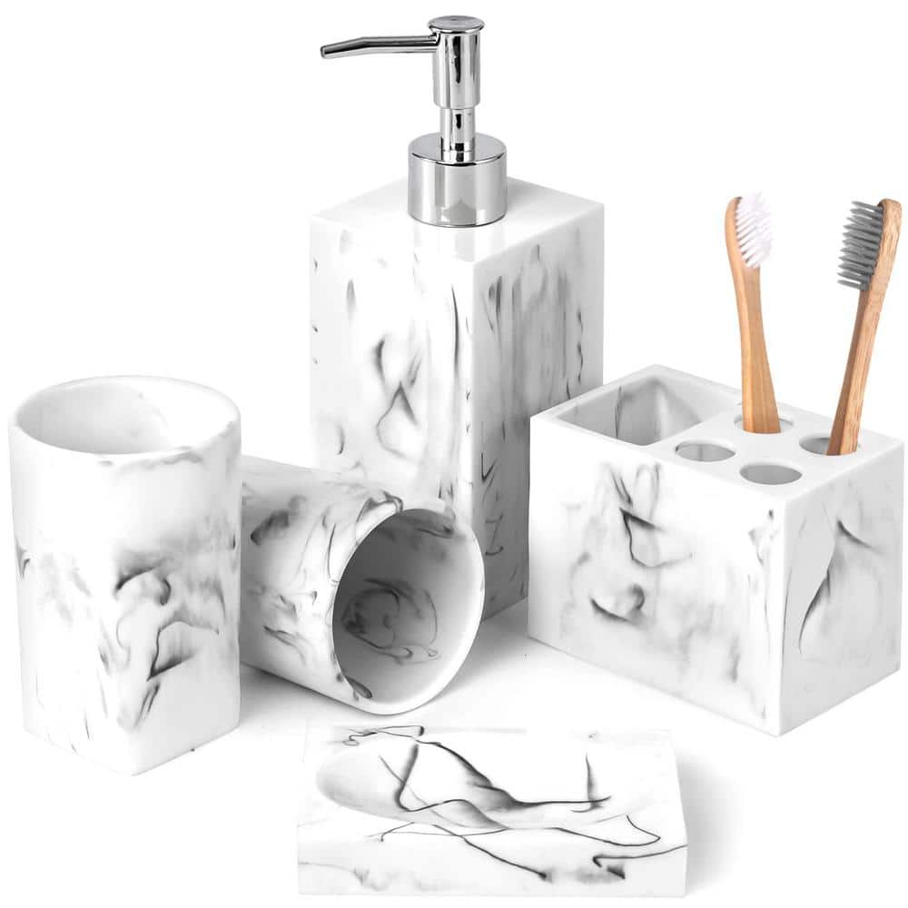 5 Piece Marble Look Bathroom Accessory Set with Toothbrush Holder, Soap Dish, Dispenser, Bathroom Tumbler, in White price history on PriceWatchPro