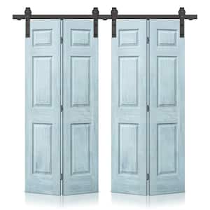 48 in. x 80 in. Vintage Denim Blue Stain 6 Panel MDF Double Hollow Core Bi-Fold Barn Door with Sliding Hardware Kit