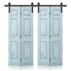 60 in. x 84 in. Hollow Core Vintage Denim Blue Stain 6 Panel MDF Double Bi-Fold Barn Door with Sliding Hardware Kit