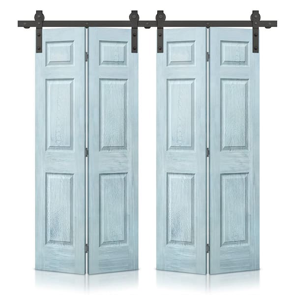 CALHOME 72 in. x 84 in. Hollow Core Vintage Denim Blue Stain 6 Panel MDF Double Bi-Fold Barn Door with Sliding Hardware Kit