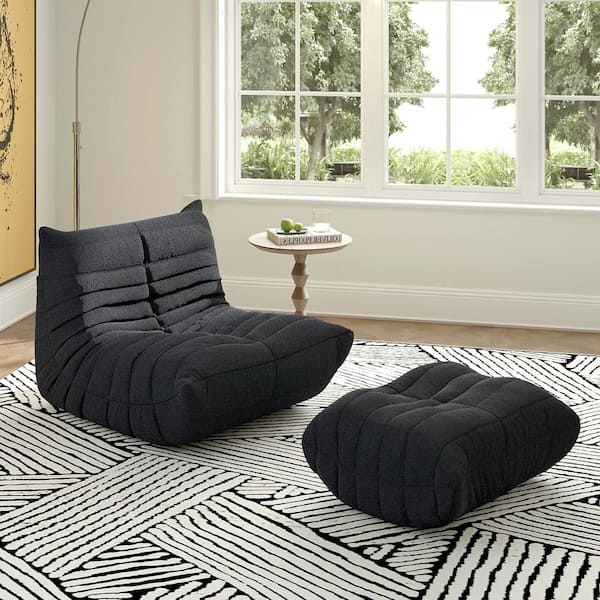 Magic Home Set of 2 Black Teddy Velvet Polyester 34 in. Fireside Lazy Bean Bag Chair Rebound Sponge Lounge Floor Sofa with Ottoman