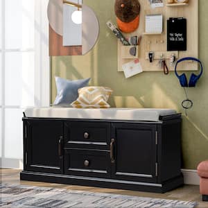 42.9 in. Storage Bench with 2-Drawers and 2-Cabinets, Shoe Bench with Removable Cushion - Black