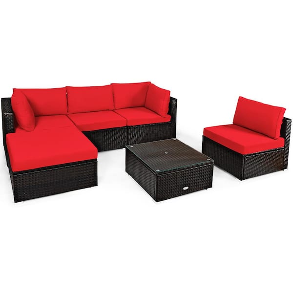 Gymax 6-Pieces Rattan Patio Sectional Sofa Set Outdoor Furniture Set with Red Cushions