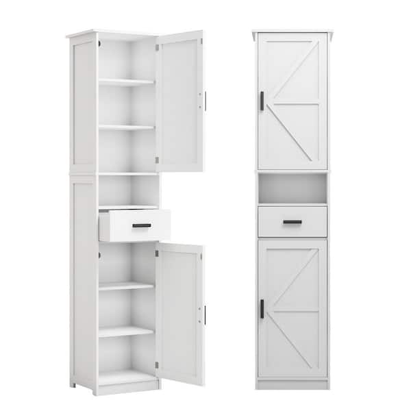 14.56 in. W x 11.22 in. D x 69.29 in. H White Wood Freestanding Linen Cabinet Storage Cabinet with Adjustable Shelves