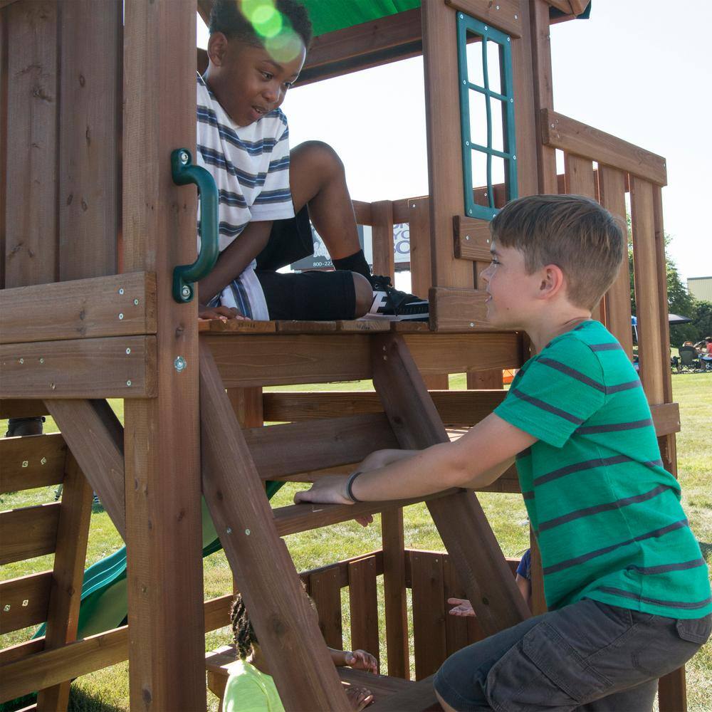 Elkhorn Wooden Backyard Swing Set with Slide and Climbing Wall