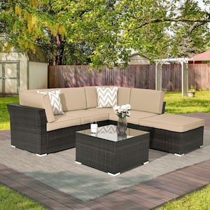 Outdoor Conversation 4-Pieces PE Rattan Wicker Sectional Sofa Sets with Tempered Glass Table and Sand Cushions