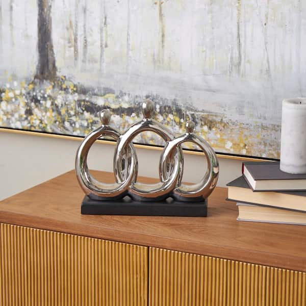 Litton Lane Silver Ceramic 3 Figure Family Sculpture with Black Rectangular Base