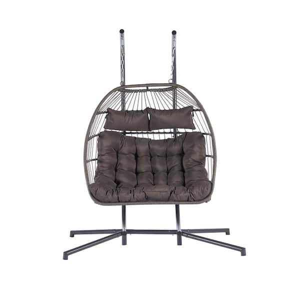 Sudzendf 2- Person Wicker Outdoor Patio Swing Egg Chair with Stand and Dark Gray Cushion