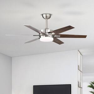 52 in. Integrated LED Indoor Brushed Nickel 6-Blade Reversible Ceiling Fan w/Light Kit, Remote Control